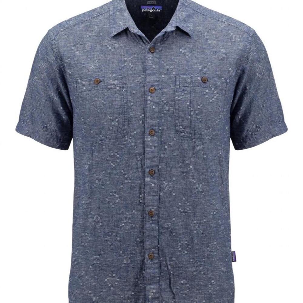 Patagonia Back Step Shirt Mens L Blue Chambray Geometric Dobby